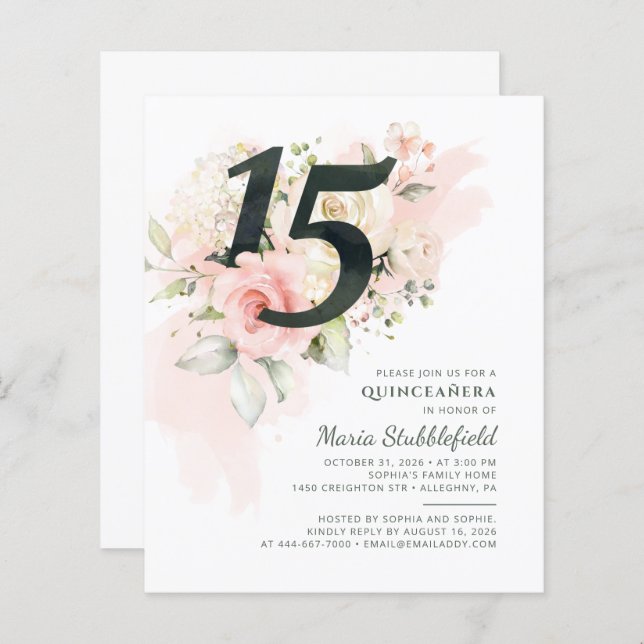 Begroting 15e verjaardag Floral Quinceanera (Voorkant / Achterkant)