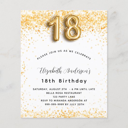 Begroting 18e verjaardag witte goudglitter uitnodi (Voorkant)