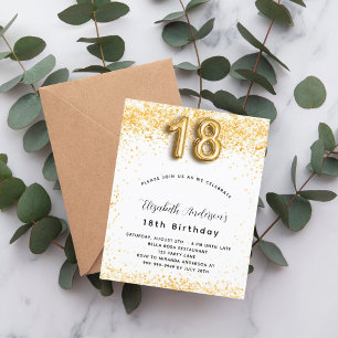 Begroting 18e verjaardag witte goudglitter uitnodi