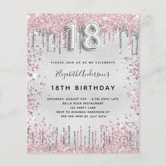 Begroting 18e verjaardag zilverroze uitnodiging (Voorkant)