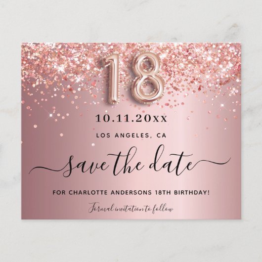 Begroting 18e verjaardag zwart roze sparen de datu (Voorkant)