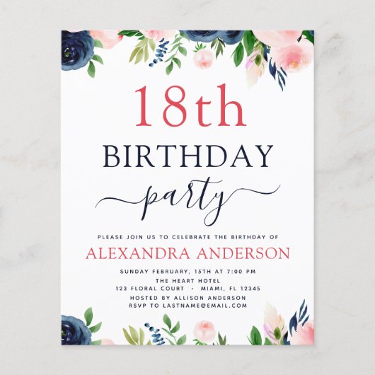 Begroting 18e zeemaand blauw bleekroze flora flyer (Voorkant)