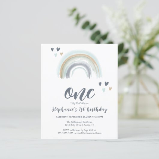 Begroting 1e verjaardag Blauwe Boho Regenboog (Staand voorkant)