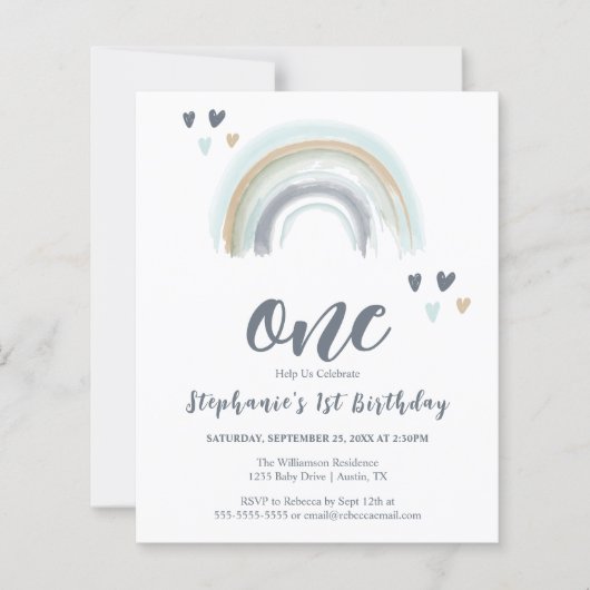 Begroting 1e verjaardag Blauwe Boho Regenboog (Voorkant)