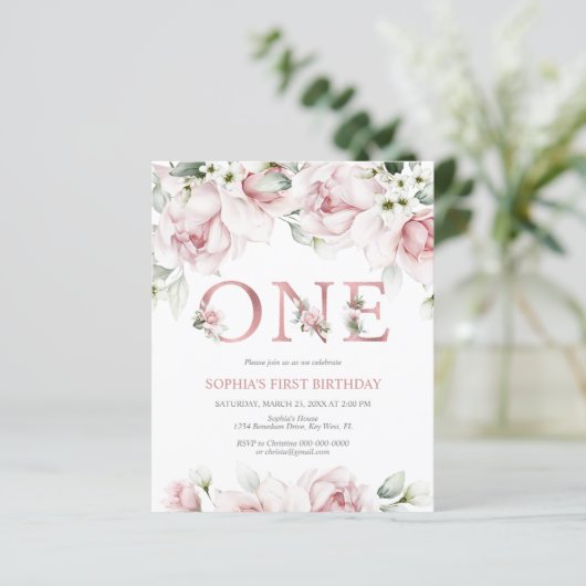 Begroting 1e verjaardag Blush Roos Gold Invitation (Staand voorkant)