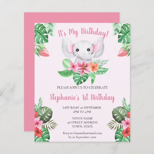Begroting 1e verjaardag Roze olifant Girl Invite (Voorkant / Achterkant)