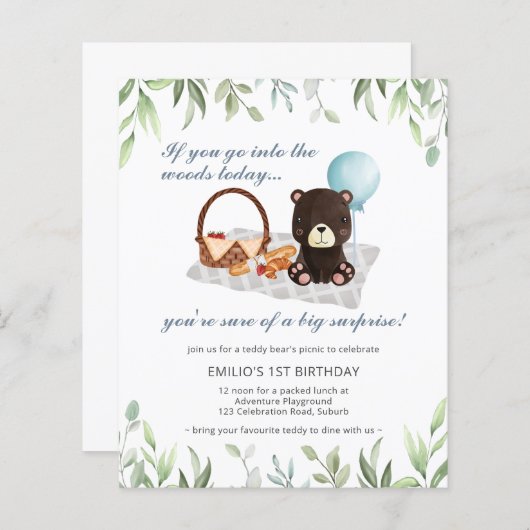 Begroting 1e verjaardag Teddy Bear Picnic Blue (Voorkant / Achterkant)