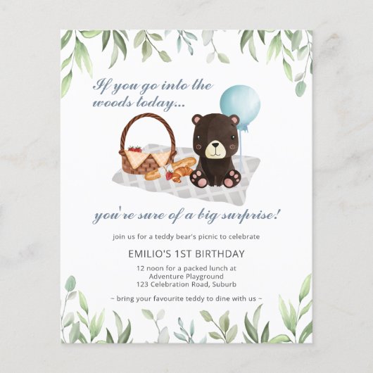 Begroting 1e verjaardag Teddy Bear Picnic Blue (Voorkant)