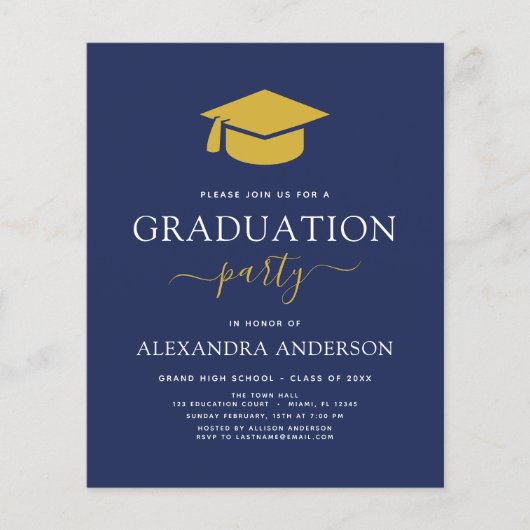 Begroting 2023 Afstuderen Navy Blue Gold Invitatio Flyer (Voorkant)