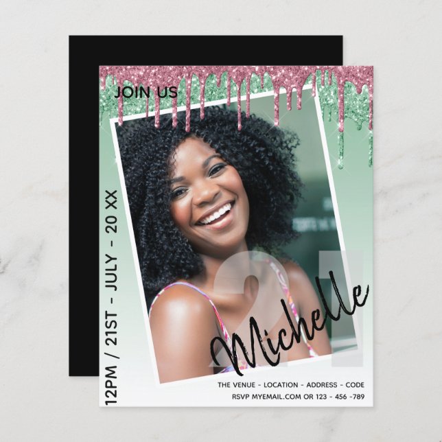 BEGROTING 21e verjaardag FOTO Drijvende glitter Ui (Voorkant / Achterkant)