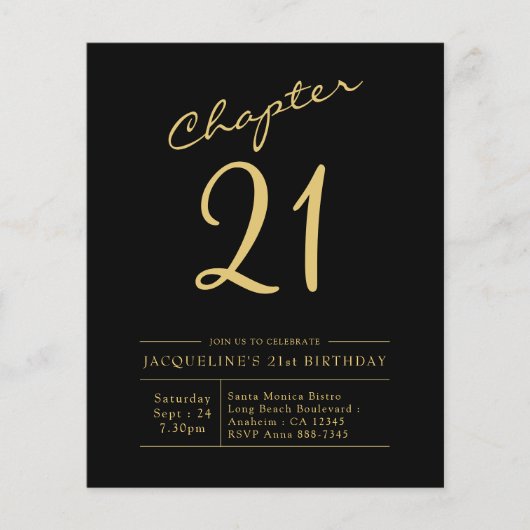 Begroting 21e verjaardag Uitnodiging zwart goud Flyer (Voorkant)