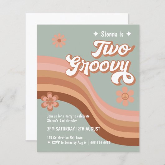 Begroting 2 Groovy Retro Daisy Sage Pink nodigt ui (Voorkant / Achterkant)