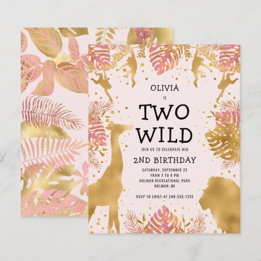 Begroting 2 Wilde Bleke Roze 2e verjaardag uitnodi (Voorkant / Achterkant)