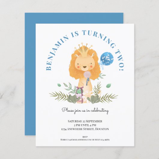 Begroting 2e verjaardag Uitnodiging van de Lion Bo (Voorkant / Achterkant)