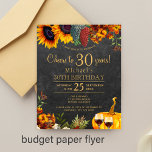Begroting 30 jaar bijtende herfst 30e verjaardag flyer<br><div class="desc">Geel goud en oranje herfst herfst zonnebloemen, druiven, twee rode wijnglazen en een waterverf pompoen over een donkerbruine schuurhoutachtergrond die een elegante vrolijkheid maakt tot 30 jaar BUDGET betaalbare verjaardagsfeestje PAPER nodigt FLYER uit met een trendy handschrift gold typografie. Geschikt voor traditionele plattelands | Land | hoenderhok | wijngaarden buitentuin...</div>