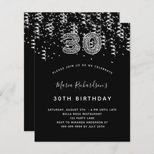 Begroting 30e uitnodiging voor zwarte zilveren lui (Voorkant / Achterkant)