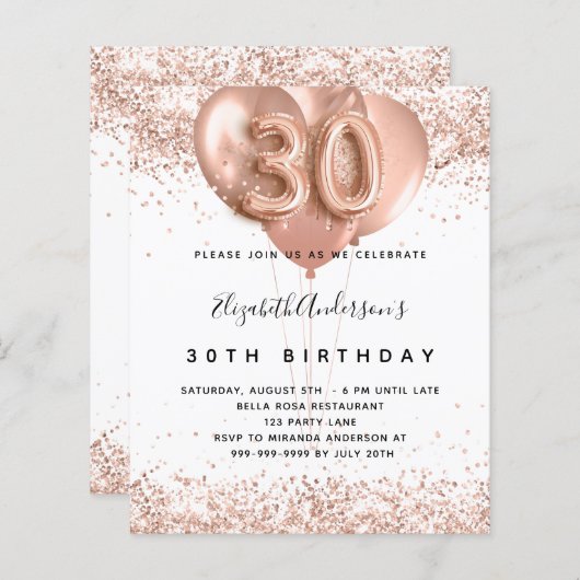 Begroting 30e verjaardag roos gouden ballonnen uit (Voorkant / Achterkant)