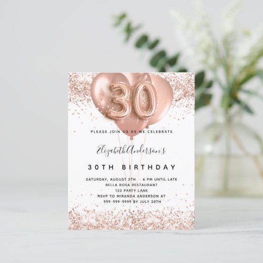 Begroting 30e verjaardag roos gouden ballonnen uit (Staand voorkant)