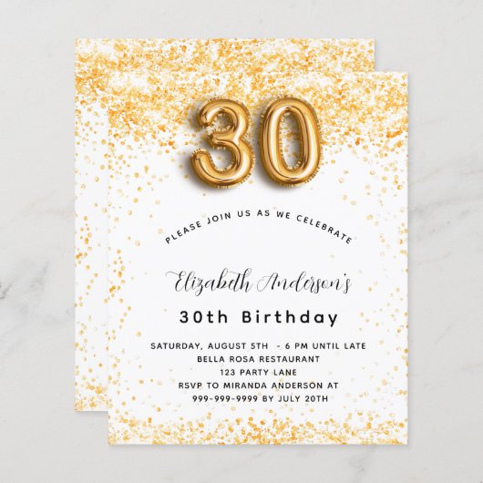 Begroting 30e verjaardag witte goudglitter uitnodi (Voorkant / Achterkant)