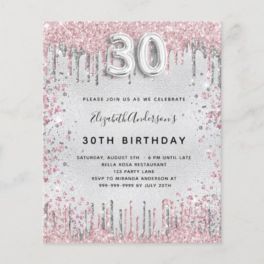 Begroting 30e verjaardag zilverroze uitnodiging (Voorkant)