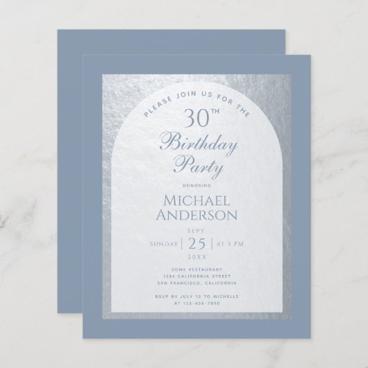 Begroting 30th Birthday Dusty Blue Silver Invitati (Voorkant / Achterkant)
