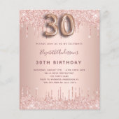 Begroting 30th Birthday roos Gold glitter-uitnodig (Voorkant)