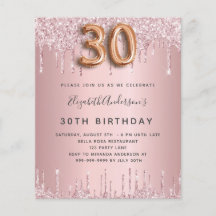 Begroting 30th Birthday roze stoffige roos glitter