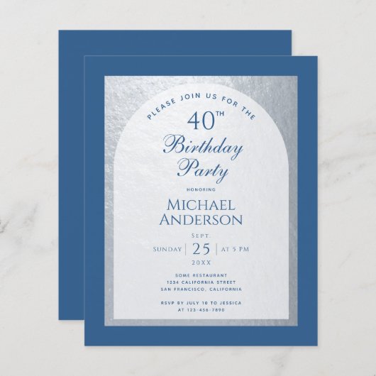 Begroting 40 Klassieke Blue Silver-uitnodiging op  (Voorkant / Achterkant)