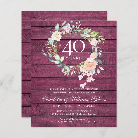 Begroting 40e Jubileum Rustic Ruby Wood Invite (Voorkant / Achterkant)