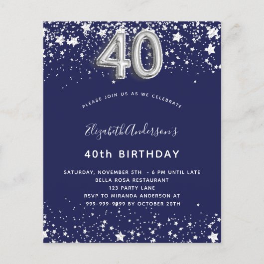 Begroting 40e verjaardag blauwe zilveruitnodiging  (Voorkant)