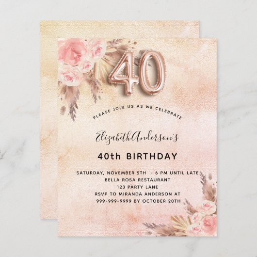 Begroting 40e verjaardag pampas gras roos-uitnodig (Voorkant / Achterkant)