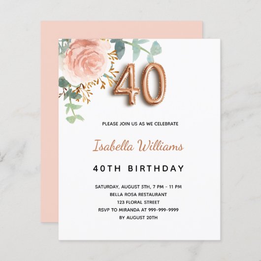 Begroting 40e verjaardag roos goud eucalyptusflora (Voorkant / Achterkant)