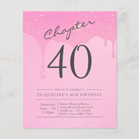 Begroting 40e verjaardag Roze Gray Uitnodiging Flyer (Voorkant)