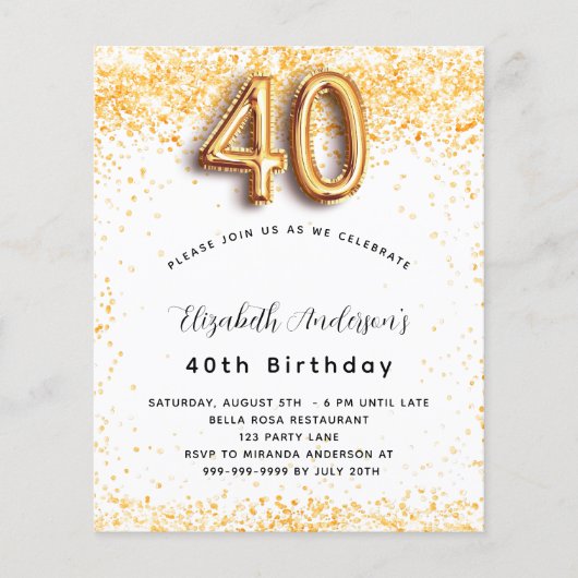 Begroting 40e verjaardag witte goudglitter uitnodi (Voorkant)