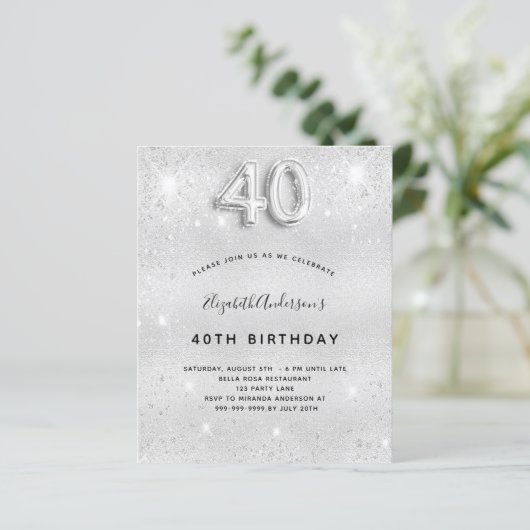 Begroting 40e verjaardag zilveren glitter-uitnodig (Staand voorkant)