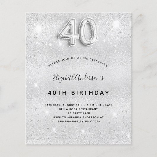 Begroting 40e verjaardag zilveren glitter-uitnodig (Voorkant)