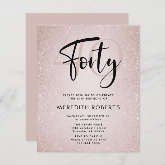 Begroting 40th Birthday Modern Script Birthday Inv (Voorkant / Achterkant)