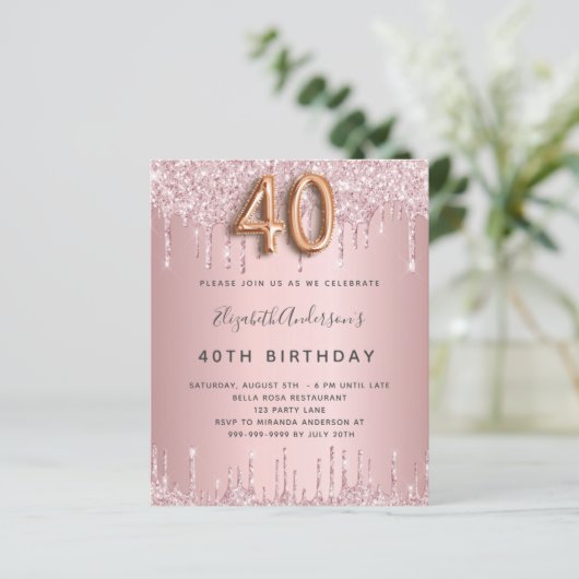 Begroting 40th Birthday roze stoffige roos glitter (Staand voorkant)