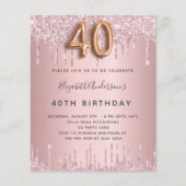 Begroting 40th Birthday roze stoffige roos glitter (Voorkant)