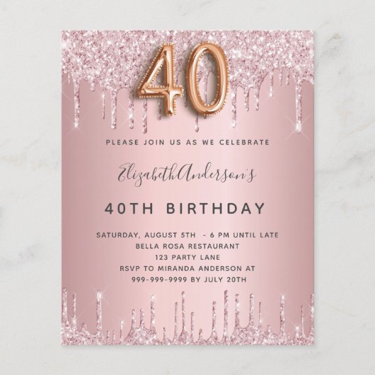 Begroting 40th Birthday roze stoffige roos glitter (Voorkant)