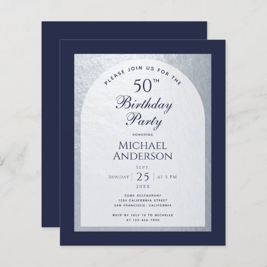 Begroting 50 "Birthday Man Silver Navy Blue Invita (Voorkant / Achterkant)