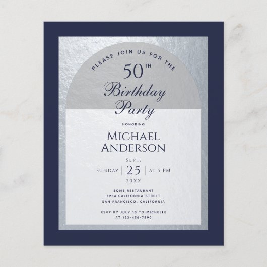 Begroting 50 "Birthday Man Silver Navy Blue Invita (Voorkant)