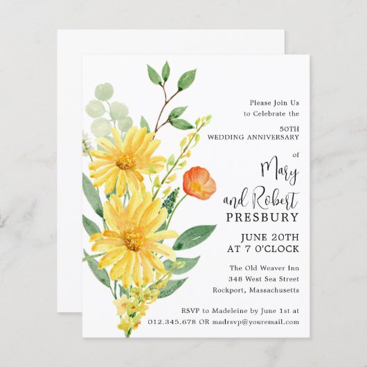 Begroting 50e Jubileum - Gele-Florale uitnodiging (Voorkant / Achterkant)