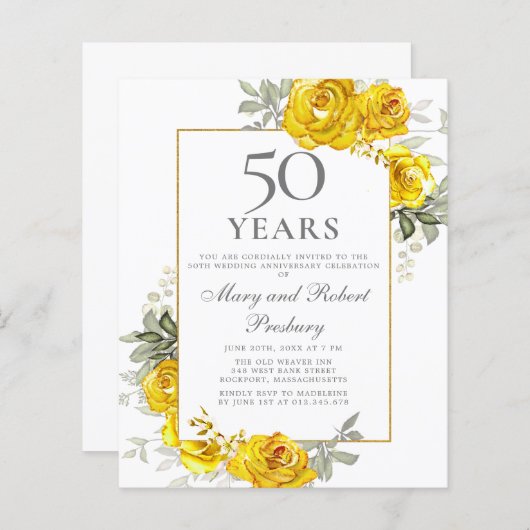 Begroting 50e Jubileum - Gele-Florale uitnodiging (Voorkant / Achterkant)