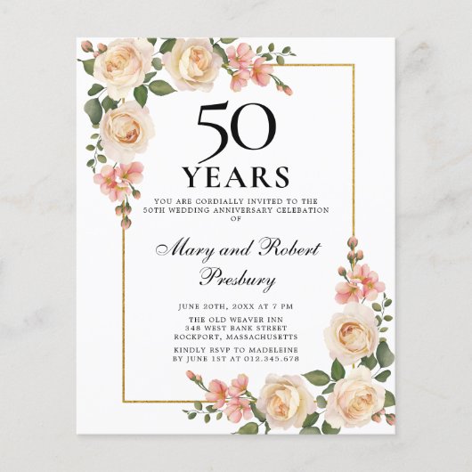 Begroting 50e Jubileum nodigt Ivory Roos Floral ui (Voorkant)