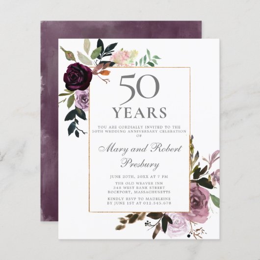 Begroting 50e Jubileum nodigt Paarse roze Floral u (Voorkant / Achterkant)