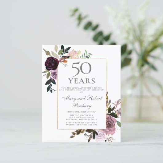 Begroting 50e Jubileum nodigt Paarse roze Floral u (Staand voorkant)