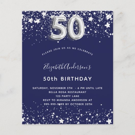 Begroting 50e verjaardag blauwe zilveruitnodiging  (Voorkant)