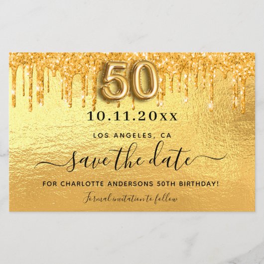 Begroting 50e verjaardag goud glitter sparen de da (Voorkant)
