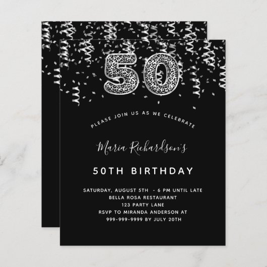 Begroting 50e verjaardag zwarte zilveren bladzijde (Voorkant / Achterkant)